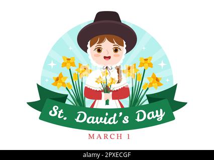 Happy St David's Day am 1. März – Illustration mit walisischem Kleid, Drachen und gelben Narzissen für Kinder in flachem Cartoon, handgezeichnet für Landing-Page-Vorlagen Stockfoto