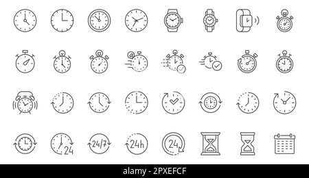 Zeitzeilensymbole eingestellt. Zeitschaltuhr, Wecker, Armbanduhr, Smartwatch, Sanduhr, Darstellung des Kalendervektors planen. Umrisszeichen zur Benachrichtigung Stock Vektor