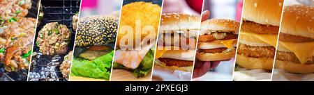 Auswahl an Hamburger-Delikatessen, Bannercollage, horizontales Format, Fast Food Stockfoto