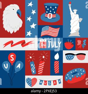 Quadratisches grafisches Poster mit nationalen Symblos des Unabhängigkeitstages der USA. Geometrische Grußkarte für den 4. Juli. Patriotische Elemente im flachen Cartoon-Stil Stock Vektor