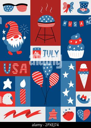 Grafikposter mit nationalen Symblos des Unabhängigkeitstages der USA. Grußkarte für den 4. Juli. GNOME, Ballons, Flagge. Patriotische Elemente im flachen Cartoon Stock Vektor