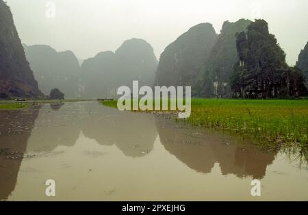 Gescannte Folie eines historischen Farbfotos von überfluteten Reisfeldern in der sogenannten „trockenen Halong-Bucht“ im Norden Vietnams Stockfoto