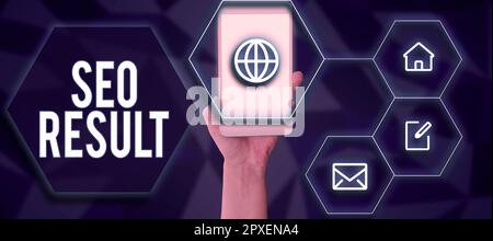 Textüberschrift mit Seo-Ergebnis, Geschäftskonzept die Liste, die von Suchmaschinen als Antwort auf eine Abfrage erstellt wird Stockfoto
