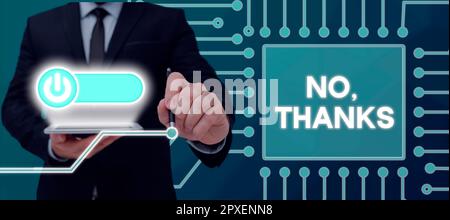 Schreiben mit dem Text Nein, Danke, Business zeigt die Beantwortung der Frage mit diesen Wörtern, um Akzeptanz oder Ablehnung zu zeigen Stockfoto
