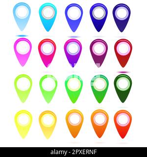 Mehrfarbige, glänzende Kartenpunktsymbole für Weltkarte, Pfeile, Websymbol, Gitterobjekt, Infografiken, Vektordesign Stock Vektor