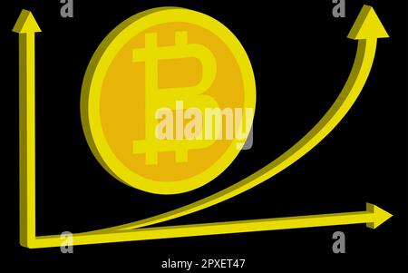 Bitcoin vergrößern und Pfeilgrafiken 3D auf schwarzem Hintergrund vergrößern, Vektorgrafik Stock Vektor