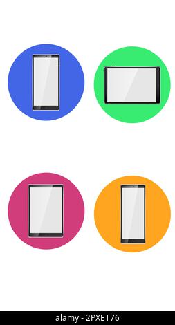 Satz von vier runden Symbolen für die aktuelle Version mit verschiedenen modernen, realistischen Smartphones und Tablets auf weißem Hintergrund. Vektordarstellung. Stock Vektor