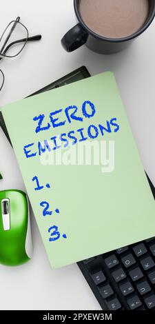 Handgeschriebener Text „Zero Emission, Internet Concept emittiert keine umweltschädlichen Abfallprodukte“ Stockfoto