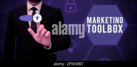 Konzeptionelle Überschrift Marketing-Toolbox, Word geschrieben auf bedeutet Werbung für ein Produkt oder eine Dienstleistung Automatisierung Stockfoto