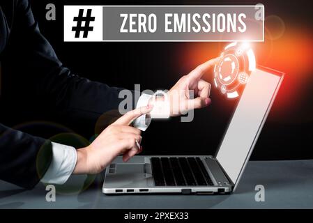 Konzeptionelle Darstellung Null Emissionen, Word für emittiert keine umweltschädlichen Abfallprodukte Stockfoto