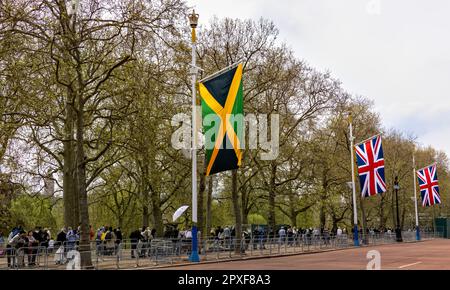 Vorbereitungen für die Krönung am 30. April 2023 mit den Flaggen Jamaikaner und Union Jack Commonwealth entlang der Mall London UK Stockfoto