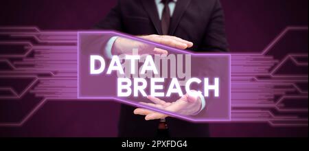 Textunterschrift zur Darstellung von Datenmissbrauch, Konzept für Sicherheitsvorfall, bei dem vertrauliche geschützte Informationen kopiert wurden Stockfoto