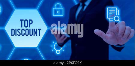 Text wird angezeigt Top Discount, Conceptual Photo Best Price garantiert Hot Items Crazy Sale Promotions Stockfoto