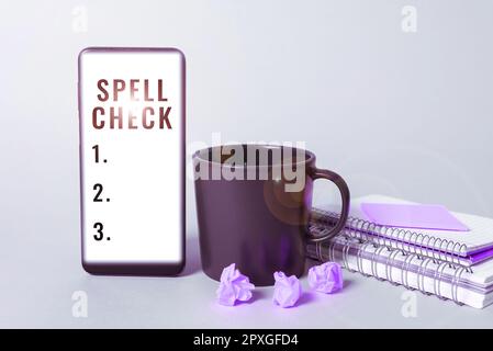Inspiration für die Rechtschreibprüfung der Zeichen, Geschäftsübersicht zur Verwendung eines Computerprogramms zum Auffinden und Korrigieren von Rechtschreibfehlern Stockfoto