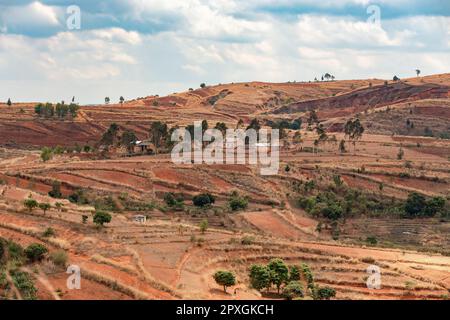Verwüstete Landschaft im Zentrum Madagaskars, Mandoto, Vakinankaratra. Entwaldete Highland-Landschaft. Durch die Entwaldung entsteht landwirtschaftliches Weideland Stockfoto