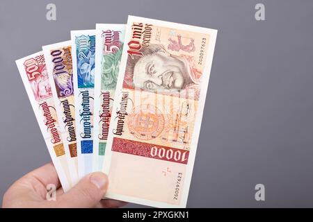 Portugiesisches Geld - Escudo in der Hand auf grauem Hintergrund Stockfoto