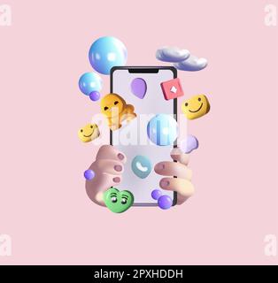 Innovatives 3D-Konzept für eine virtuelle Social-Networking-Plattform. Mobiltelefon mit volumetrischen Symbolen, Emojis, Kommentaren, Herzen, Daumen nach oben. Anwendungen für die Konzeptkommunikation. Vektordarstellung. Stock Vektor