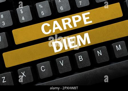 Konzeptausstellung Carpe Diem, Word für ein öffentliches Festival, auf dem Menschen Musik und Tanz spielen Stockfoto