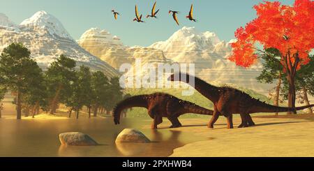 Eine Herde von Dsungaripterus Pterosaurier fliegen über zwei Alamosaurus sauropod Dinosaurier und trinken Wasser. Stockfoto