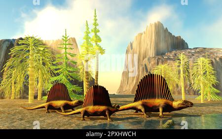 Dimetrodon primitive Raubtiere halten zusammen, um Beute zu suchen, während der permischen Zeit. Stockfoto