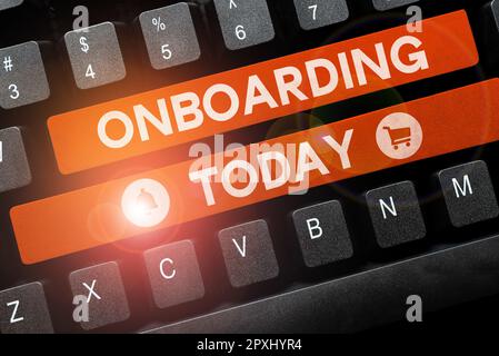 Unterschreiben Sie, dass „Onboarding“, „Word for Action“ zur Integration eines neuen Mitarbeiters in eine Organisation angezeigt wird Stockfoto