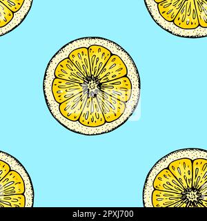 Nahtloses Zitronenmuster. Farbenfrohe handgezeichnete Vektordarstellung im Skizzenstil. Tropische exotische Zitrusfrüchte im Sommer Stock Vektor