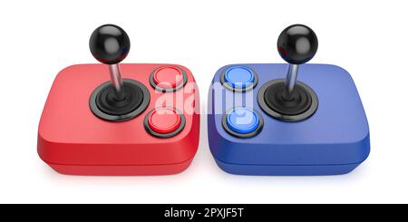 Rote und blaue Computer-Joysticks auf weißem Hintergrund Stockfoto