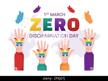 Zero Discrimination Day Illustration mit verschiedenen Personen und Farben für die Landing Page in der handgezogenen Flugvorlage für Schmetterlinge in Cartoon Stockfoto