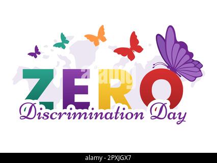 Zero Discrimination Day Illustration mit verschiedenen Personen und Farben für die Landing Page in der handgezogenen Flugvorlage für Schmetterlinge in Cartoon Stockfoto
