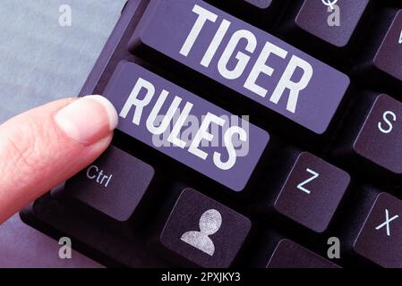 Schild mit Tiger Rules, Business Concept Willpower und persönlicher Stärke Widerstand gegen die Herrschaft des Kaisers Stockfoto