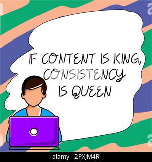 Textzeichen, das anzeigt, ob Inhalt König ist, Konsistenz Königin ist, Begriffe des Geschäftskonzepts, die Produkte verkaufen und gutes Marketing bieten Stockfoto