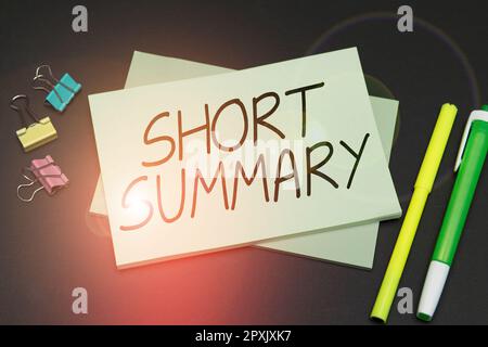 Handschriftliches Schild kurze Zusammenfassung, Geschäftsübersicht kurze Beschreibung der wichtigsten Punkte klar Stockfoto