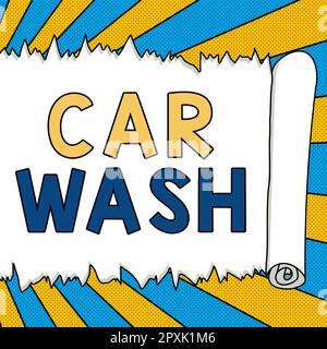Schild mit Fahrzeugwäsche, Geschäftsidee ein Gebäude, in dem die Ausrüstung zum Waschen von Autos oder anderen Fahrzeugen zu finden ist Stockfoto