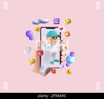 Innovatives 3D-Konzept für eine virtuelle Social-Networking-Plattform. Mobiltelefon mit volumetrischen Symbolen, Emojis, Kommentaren, Herzen, Daumen nach oben. Anwendungen für die Konzeptkommunikation. Vektordarstellung. Stock Vektor