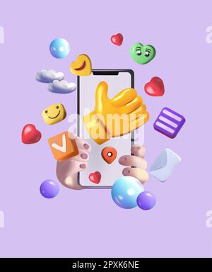 Innovatives 3D-Konzept für eine virtuelle Social-Networking-Plattform. Mobiltelefon mit volumetrischen Symbolen, Emojis, Kommentaren, Herzen, Daumen nach oben. Anwendungen für die Konzeptkommunikation. Vektordarstellung. Stock Vektor