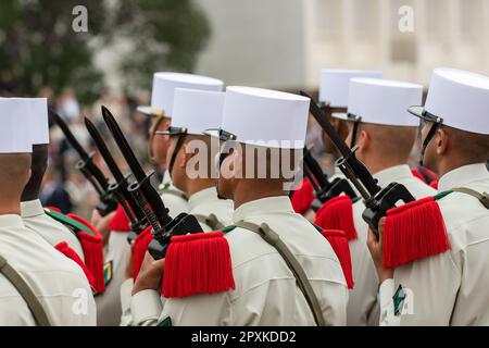 Aubagne, Frankreich. 30. April 2023. Legionäre, die während der Zeremonie gesehen wurden. Die traditionelle Gedenkzeremonie zur Erinnerung an die Schlacht von Camerone findet im Viertel Vienot der Legion etrangère in Aubagne statt. (Foto: Laurent Coust/SOPA Images/Sipa USA) Guthaben: SIPA USA/Alamy Live News Stockfoto