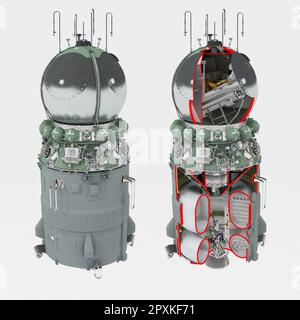 Das erste Raumschiff Vostok Infografiken, abgeschnitten auf weißem Baskenboden, 3D-Darstellungen Stockfoto