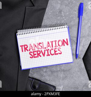 Textunterschrift für Translation Services, Business Concept Organization, die Sprachübersetzungen ermöglicht Stockfoto