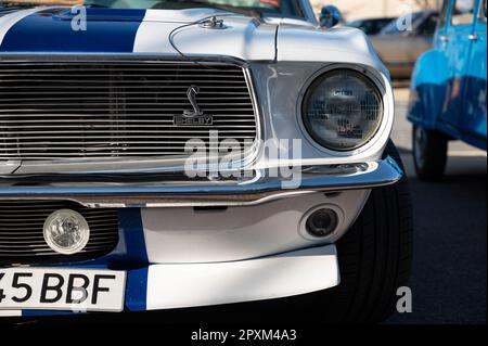 Detail eines wunderschönen klassischen amerikanischen Sportwagens, ein weißer Ford Shelby Cobra GT350 mit blauen Linien Stockfoto