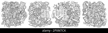 Cartoon-Vektor-Doodle-Design-Set mit Audioinhalten. Farbenfrohe, detaillierte Kompositionen mit vielen Medienobjekten und Symbolen. Isoliert auf weißen Illustrationen Stock Vektor