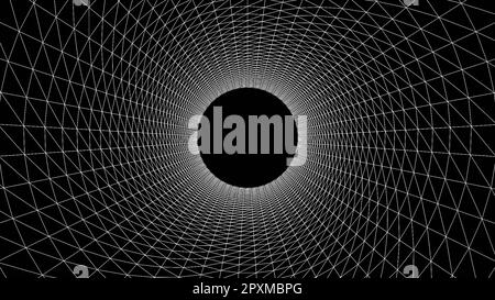 Schwarz-weißes Drahtmodell geometrische Formen Tunnelgitter auf schwarzem Hintergrund. Geometrische Formen aus den schwarzen Linien. Drahtmodell Hintergrund 3D Torus cha Stockfoto