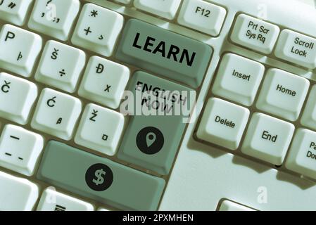 Textunterschrift Presenting Learn English Now, Business Overview Erwerben oder erwerben Sie Kenntnisse und Fertigkeiten der englischen Sprache Stockfoto