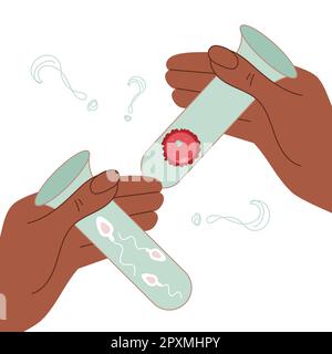 Teströhrchen mit Spermien- und Eizelle für die künstliche Besamung in den Händen halten. Illustration gut für Posterklinik. Stock Vektor