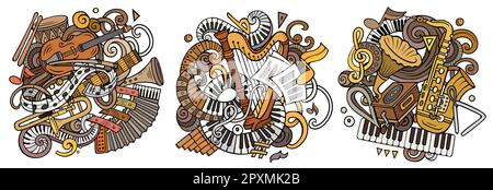 Klassische Musik Cartoon Vektor Doodle Designs gesetzt. Farbenfrohe, detailreiche Kompositionen mit vielen musikalischen Objekten und Symbolen. Isoliert auf weißer Illustration Stock Vektor