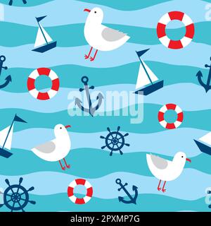 Nautisches Muster auf gestreiftem Hintergrund Stock Vektor