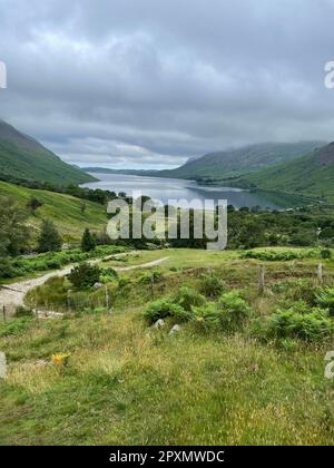 Ein malerischer Blick auf einen ruhigen See, umgeben von üppigen grünen Hügeln, mit Bäumen, die über die Landschaft verstreut sind Stockfoto