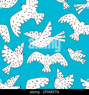 Nahtloses Muster mit weißen Vögeln auf blauem Hintergrund Stock Vektor