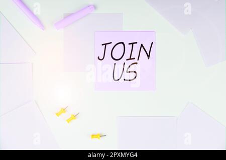 Inspiration zeigt Schild Beginnen Sie uns, Geschäftsübersicht Registrieren Sie sich im Community-Team oder im Blog Melden Sie sich bei den sozialen Medien an Stockfoto