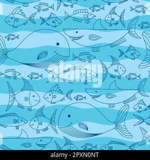 Nahtloses Muster mit Fischen, Haien und Walen auf gestreiftem blauem Hintergrund. Stock Vektor