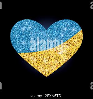 Blau-gelbes Herz mit Glitzer. Farben der ukrainischen Nationalflagge. Stock Vektor